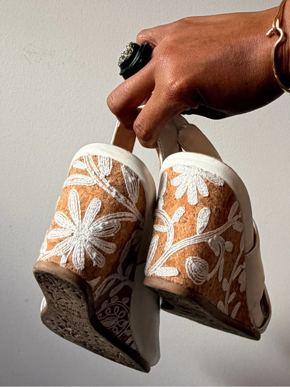 Mootsies Tootsies White Slingback Wedge Sandals with Embroidered Cork Heel